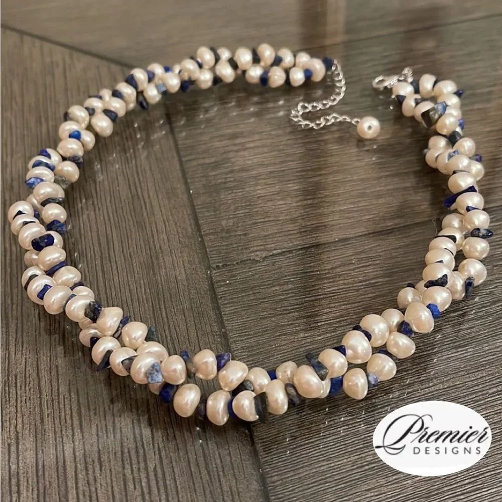 Premier Designs LAGUNA 2-Strand Necklace w/ Faux Pearls & Lapis Chips